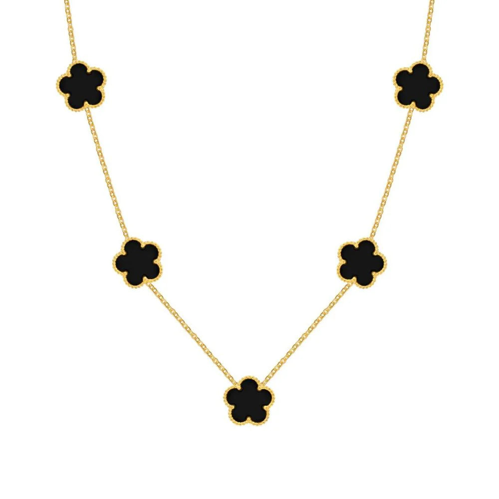 Collier Amaryllis avec pendentifs trèfle noir, en acier inoxydable plaqué or 14K, disponible chez Rue des Bijoux, alliant élégance et modernité.