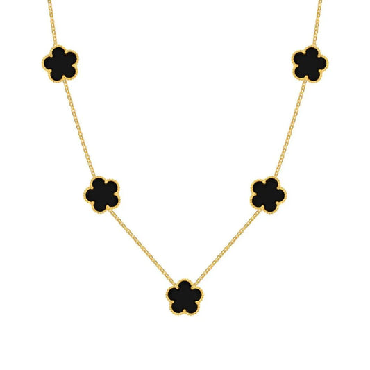 Collier Amaryllis avec pendentifs trèfle noir, en acier inoxydable plaqué or 14K, disponible chez Rue des Bijoux, alliant élégance et modernité.